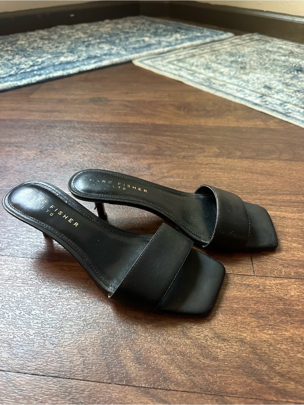 Marc Fisher Black Square Strap Mule Heels